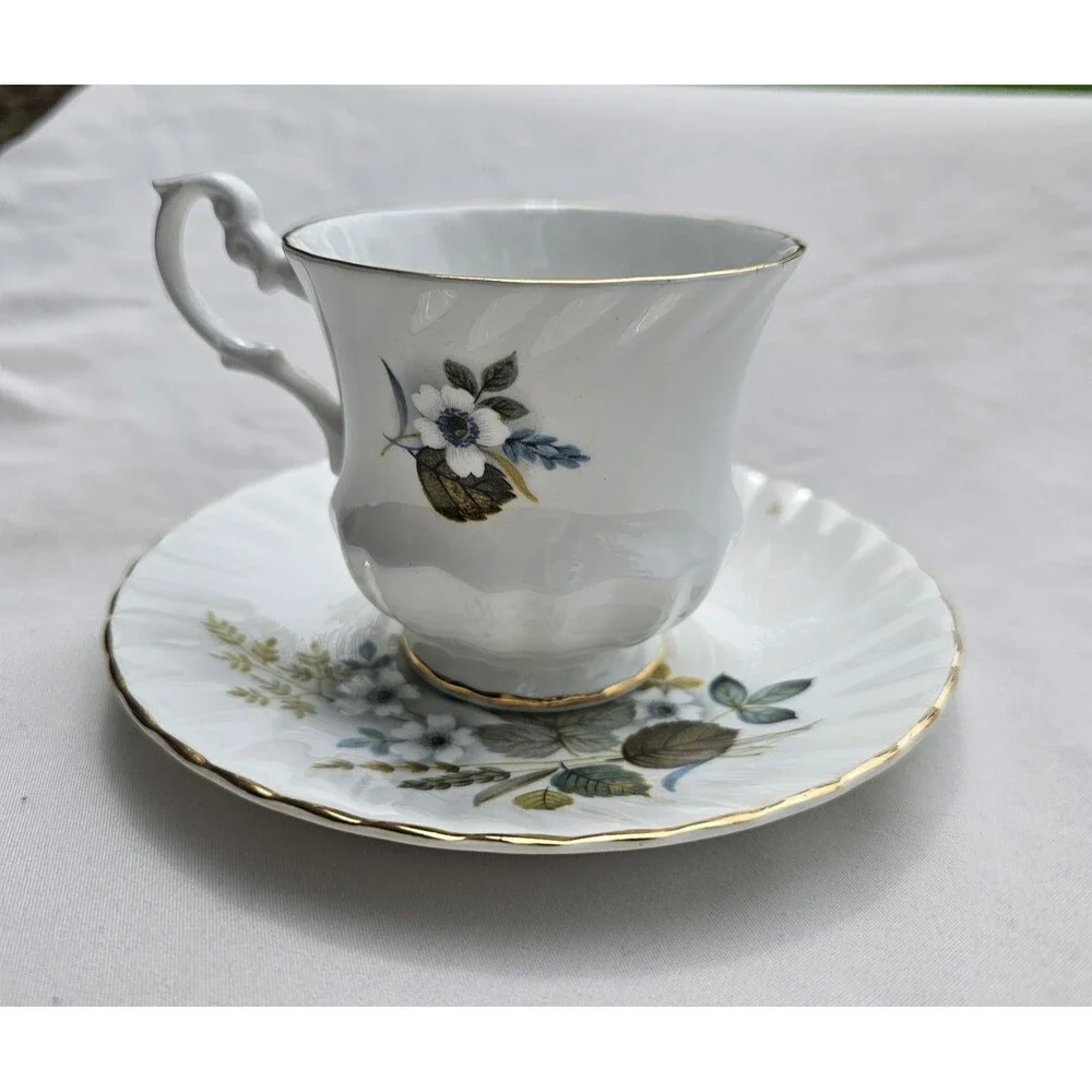 Royal Dover Bone China Floral Leaves Wheat Gold Trim Teacup Saucer Set